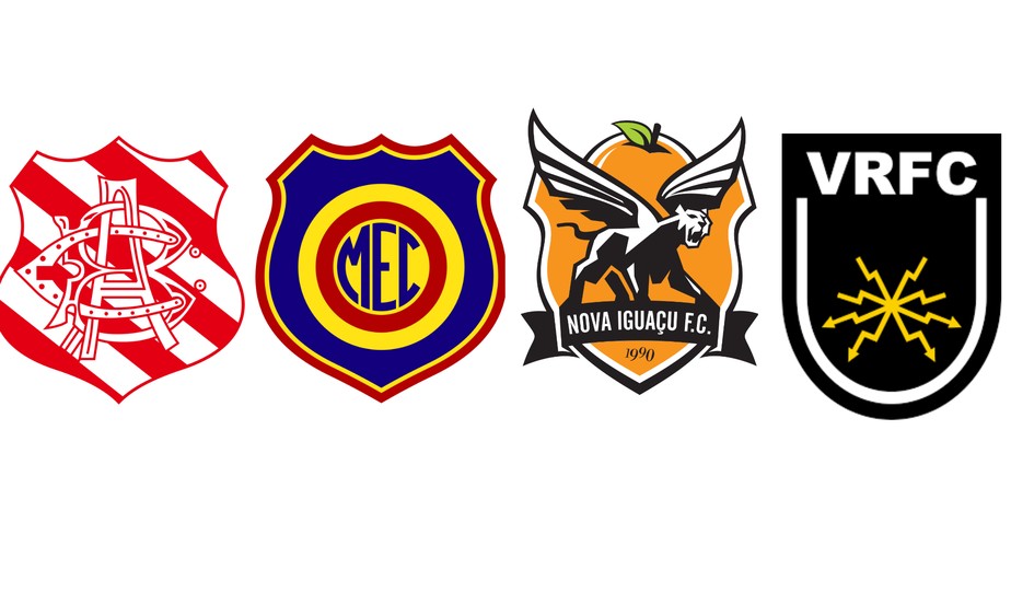 Escudos dos clubes do Rio de Janeiro Bangu, Madureira, Nova Iguaçu e Volta Redonda.