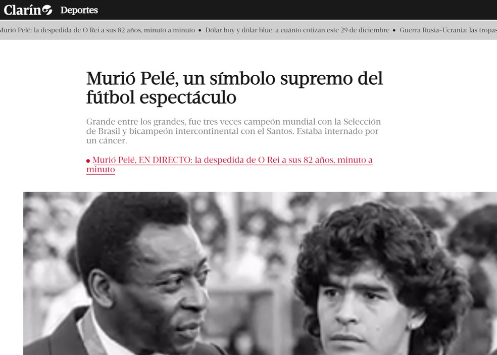 Jornal argentino Clarín repercute morte de Pelé — Foto: Reprodução