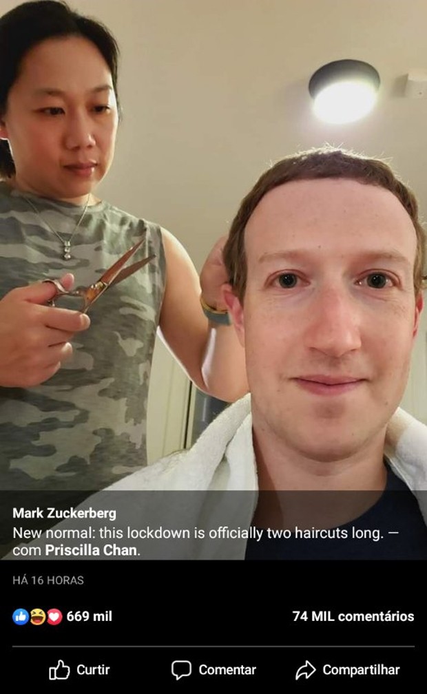 Priscilla Chan corte o cabelo de Mark Zuckerberg na quarentena (Foto: Reprodução/Facebook)
