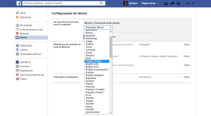 Veja as opções curiosas de idiomas no Facebook (Foto: Reprodução/Barbara Mannara)