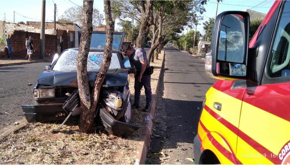Motorista perdeu o controle da dire&ccedil;&atilde;o e bateu em uma &aacute;rvore &mdash; Foto: Pol&iacute;cia Militar