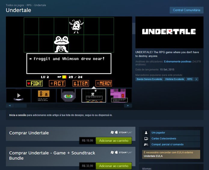 Página de Undertale no Steam (Foto: Reprodução/André