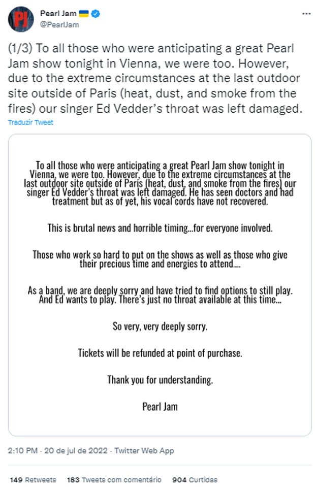 Pearl Jam cancela show após vocalista Eddie Vedder perder voz por causa de incêndios na Europa (Foto: Reprodução/Twitter)