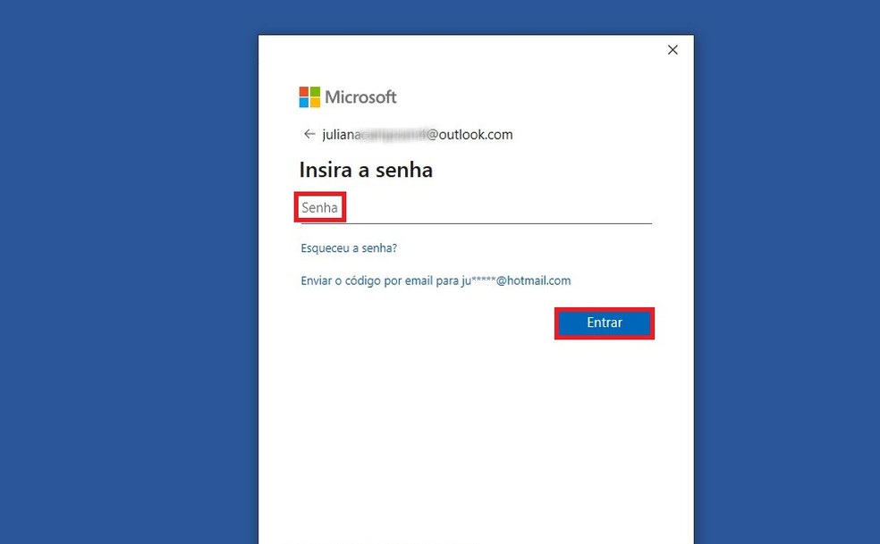 Informe sua senha para completar o login na Microsoft — Foto: Reprodução/Juliana Campos