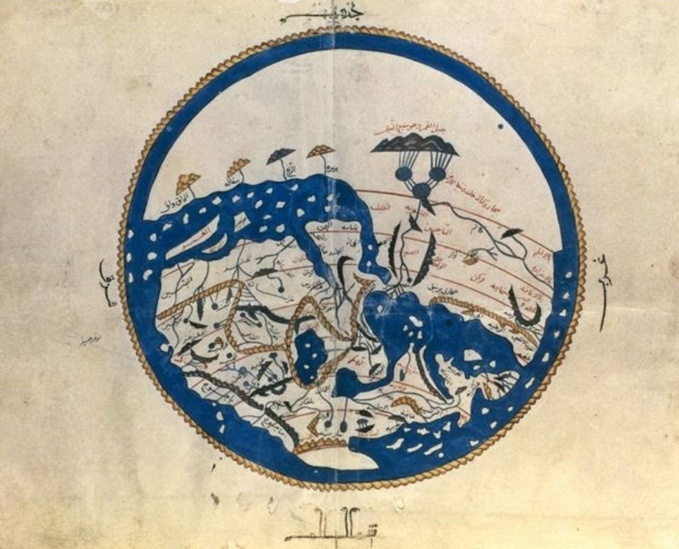 Mapa-múndi de Al-Idrisi, com o sul no topo — Foto: Getty Images via BBC