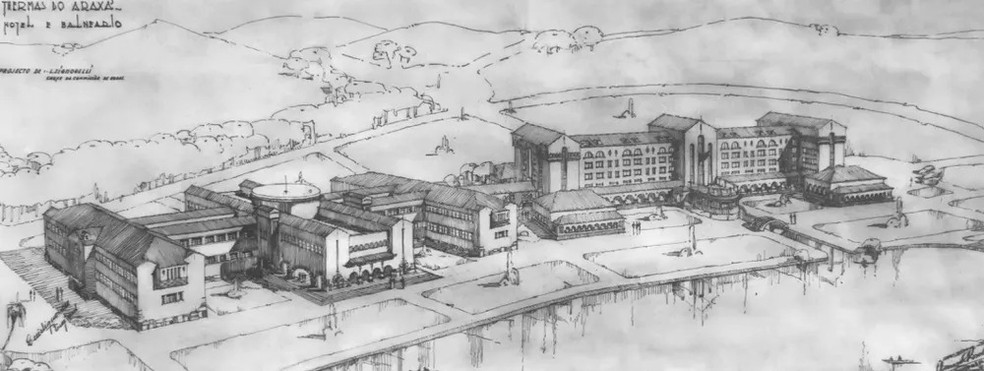 Desenho prvio das construes do Grande Hotel — Foto: Reproduo / Grande Hotel Termas do Arax