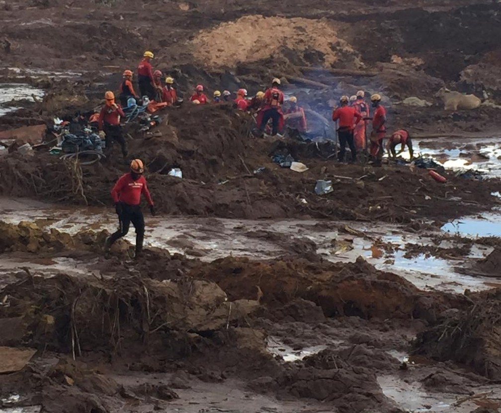 Bombeiros resgatam corpos em ônibus encontrado na lama em Brumadinho (MG) — Foto: Viviane Possato/TV Globo Minas
