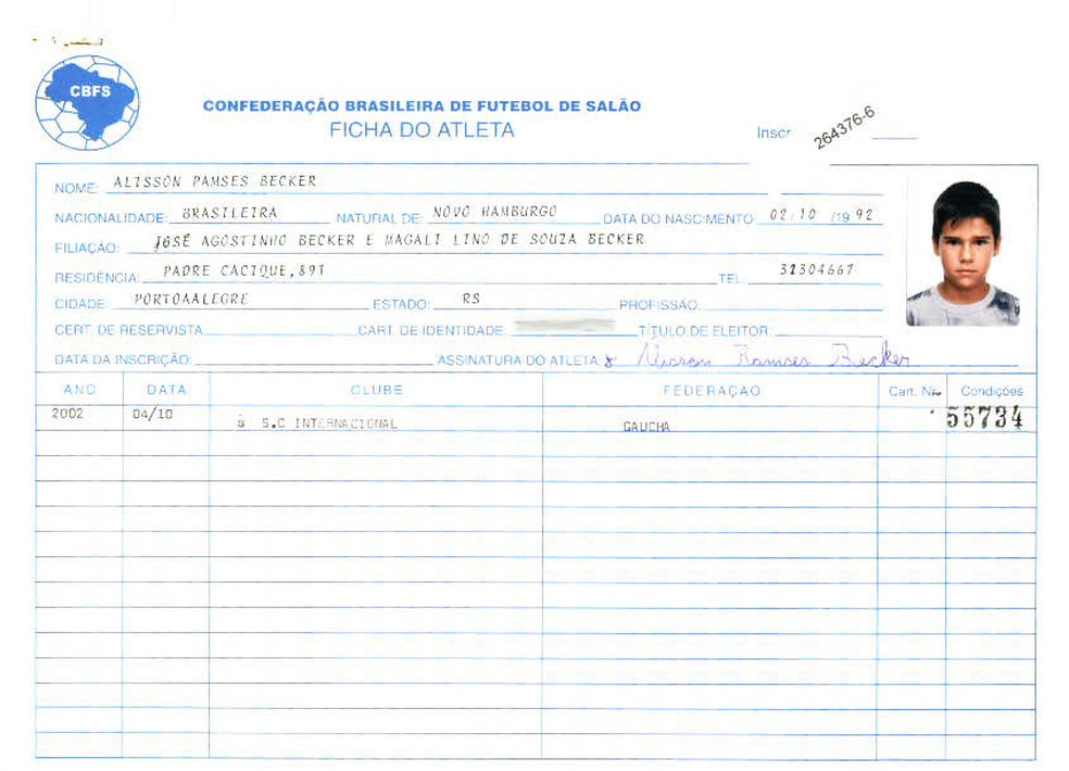 Ficha de inscrição de Alisson na CBFS (Foto: Divulgação/CBFS)