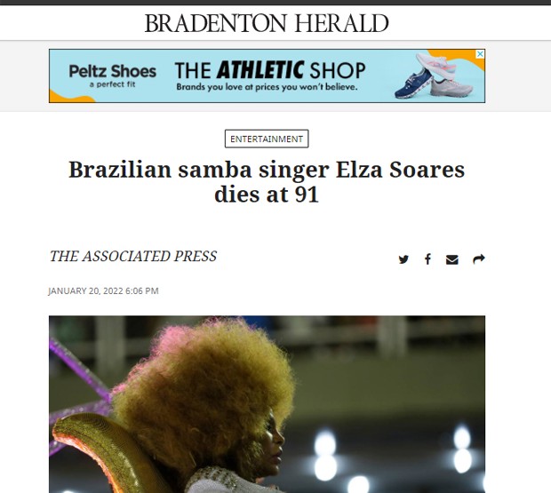 Morte de Elza Soares repercute no Bradenton Herald (Foto: Reprodução)