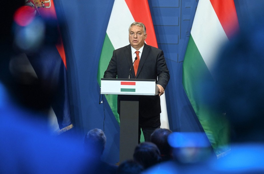 Presidente da Hungria, Viktor Orbán, durante entrevista coletiva em Budapeste