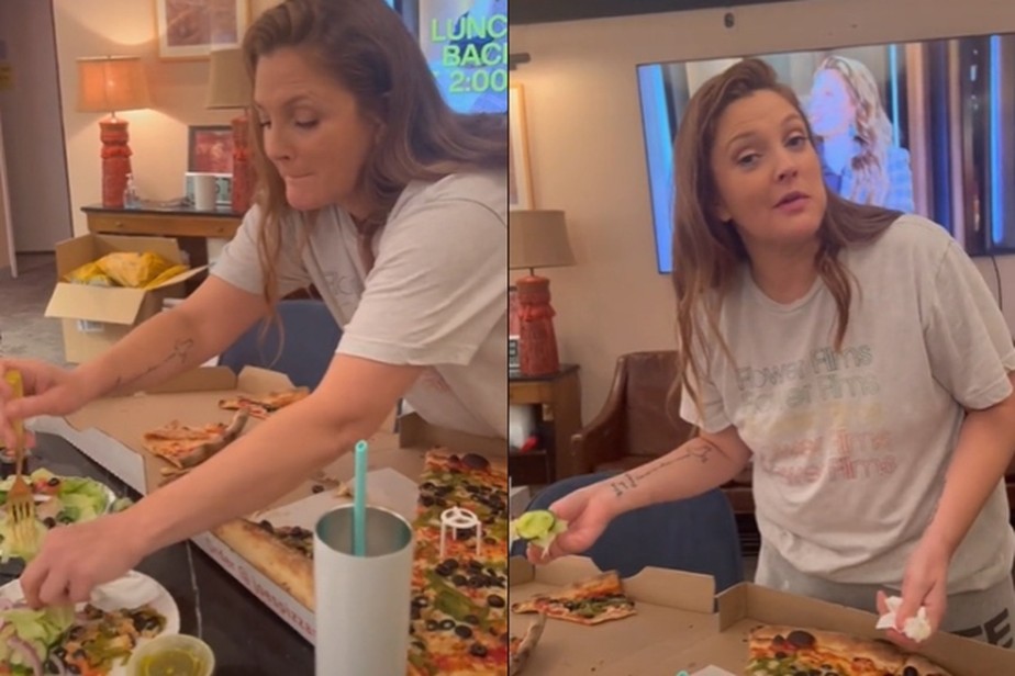 Drew Barrymore posta vídeo ensinando como fazer uma salada de pizza