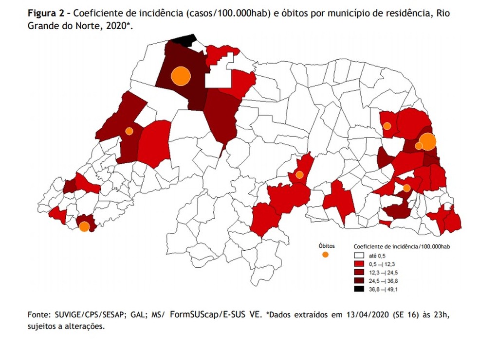 Gráfico divulgado pela Secretaria de Saúde do Estado sobre a incidência do novo coronavírus nos municípios do RN — Foto: Reprodução