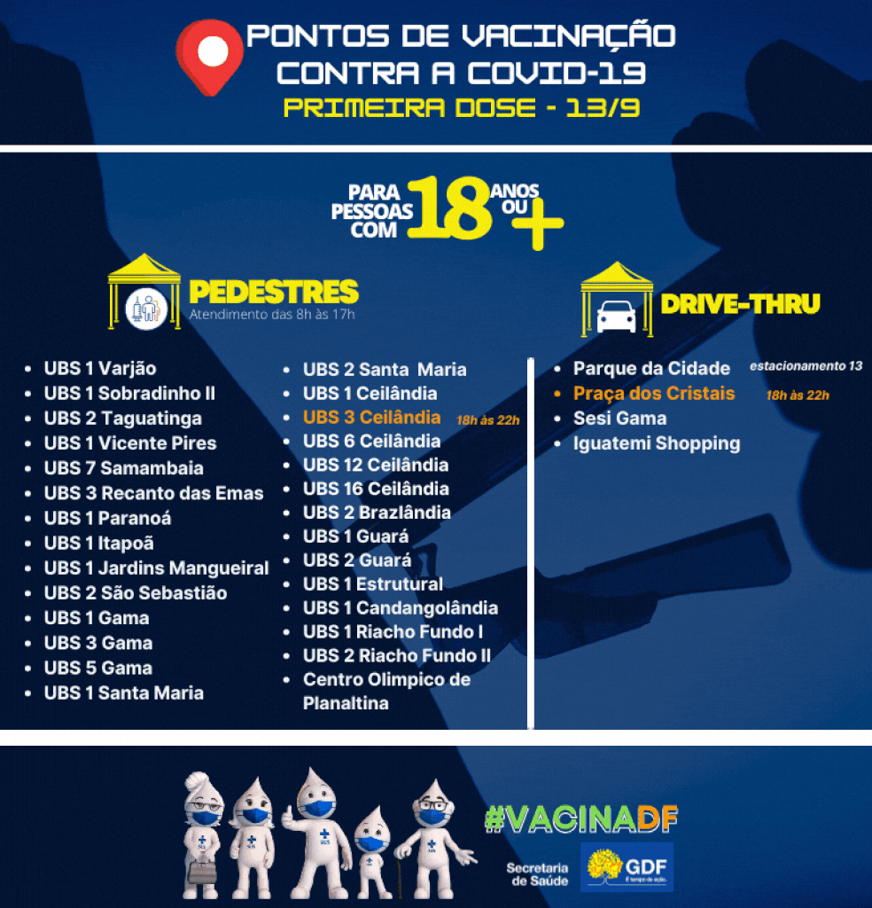 Postos de vacinação para 18 anos ou mais no Distrito Federal em 13 de setembro.  — Foto: SES-DF/Divulgação 
