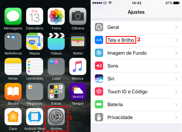 Acessando a opção Tela e Brilho nos ajustes do iOS (Foto: Reprodução/Edivaldo Brito)