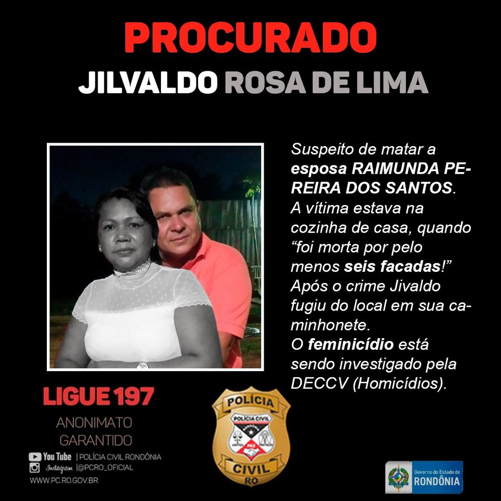 Polícia procura suspeito de matar namorada com seis facadas em Porto Velho — Foto: Polícia Civil/Divulgação