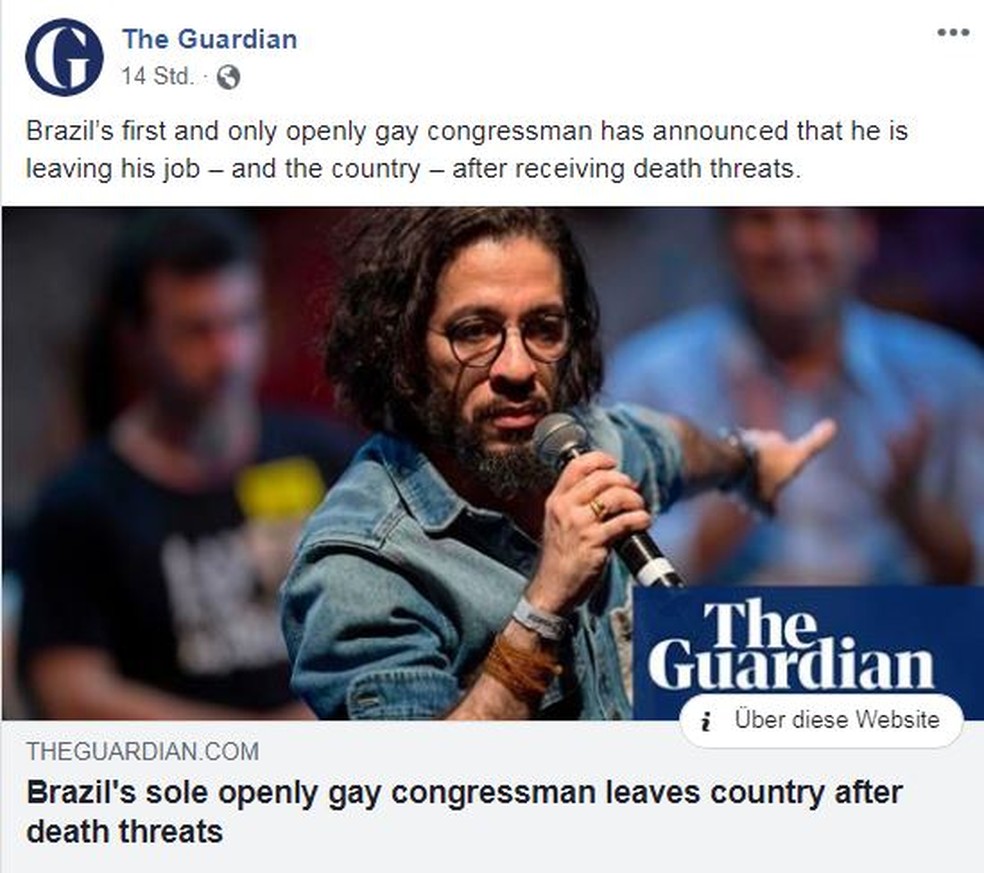 "Único congressista abertamente gay do Brasil deixa o país após ameaças de morte", diz jornal britânico — Foto: Reprodução/The Guardian