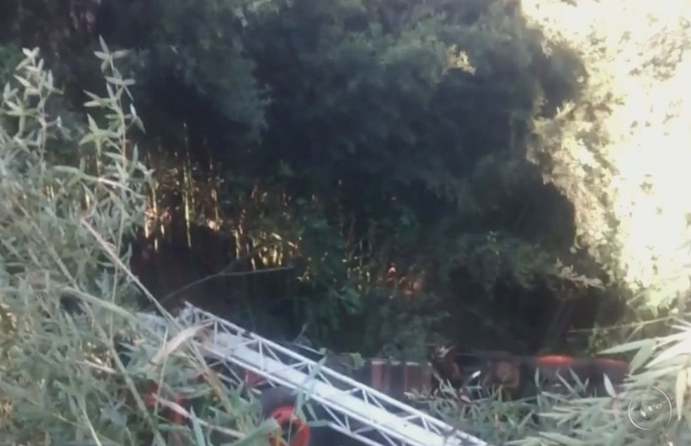Caminhão caiu em uma ribanceira após a colisão (Foto: Reprodução / TV TEM )