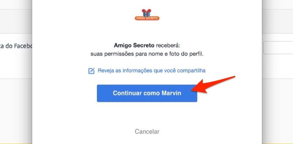 Ação para vincular uma página do Facebook em uma nova conta do site Amigo Secreto — Foto: Reprodução/Marvin Costa