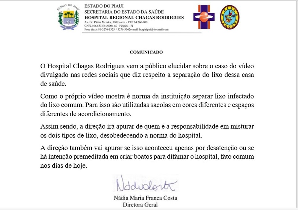 Hospital Regional de Piripiri se manifestou sobre a situação — Foto: Divulgação/Sesapi