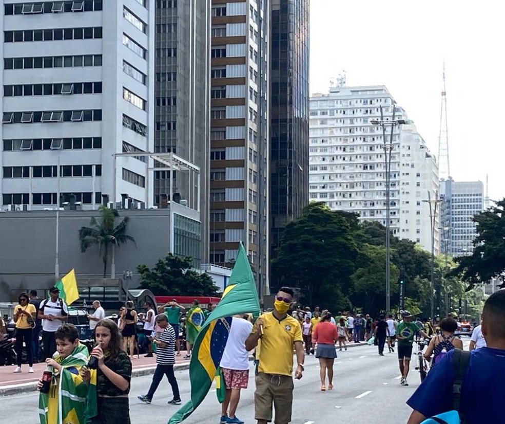 Manifestante protesta na Avenida Paulista usando máscara  — Foto: Patrícia Figueiredo/G1