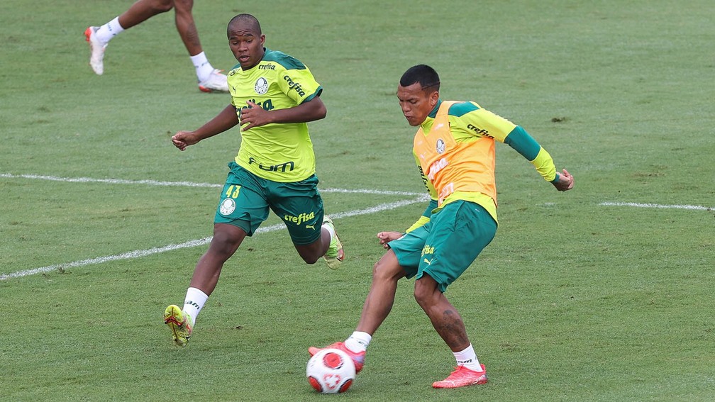 Endrick e Gabriel Veron em treino do Palmeiras neste domingo — Foto: César Greco/Agência Palmeiras