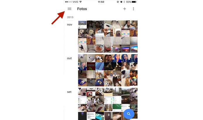 Abra o app do Google Fotos e selecione o ícone dos três traços, como aponta a seta (Foto: Gabriella Fiszman/ TechTudo)