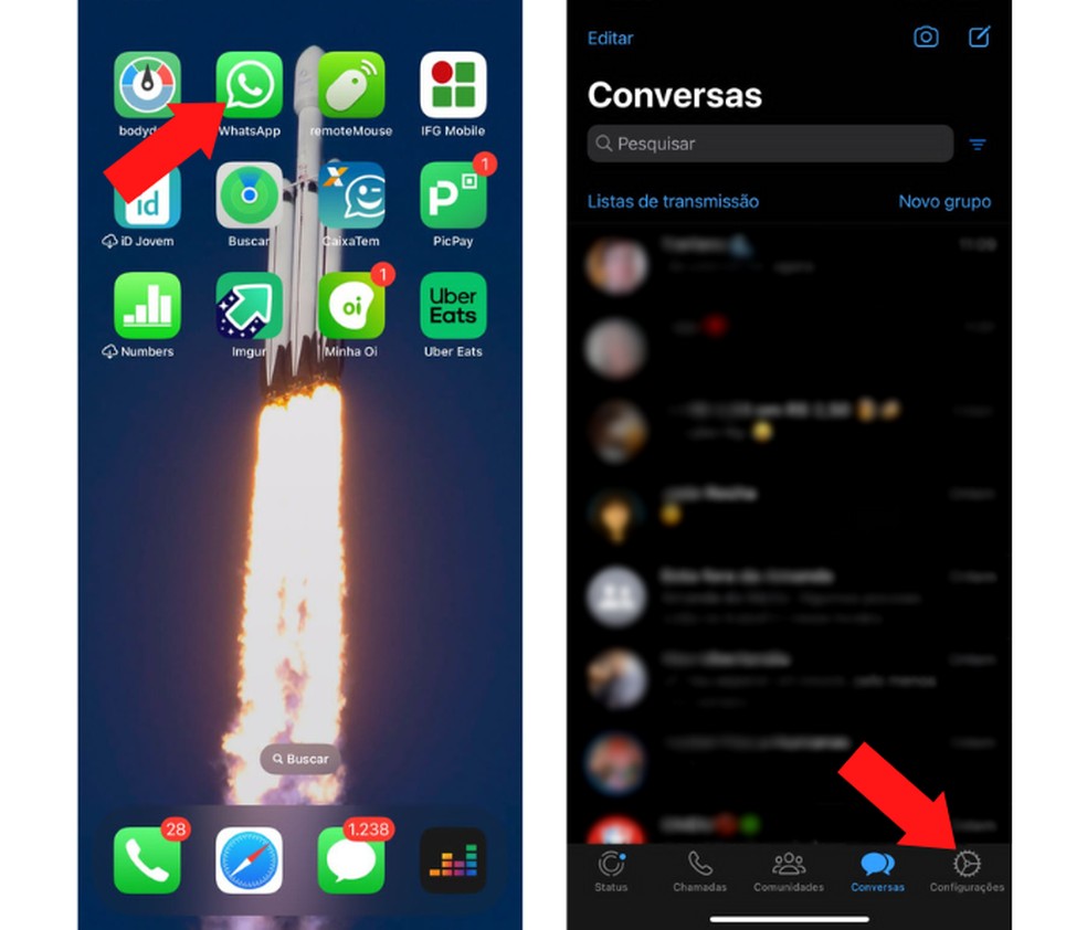Acessando as configurações do WhatsApp em um celular iPhone (iOS)  — Foto: Reprodução/Mariana Tralback