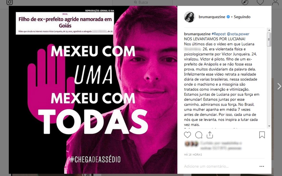Bruna Marquezine fez post em defesa da advogada agredida em Goiás — Foto: Reprodução/Instagram