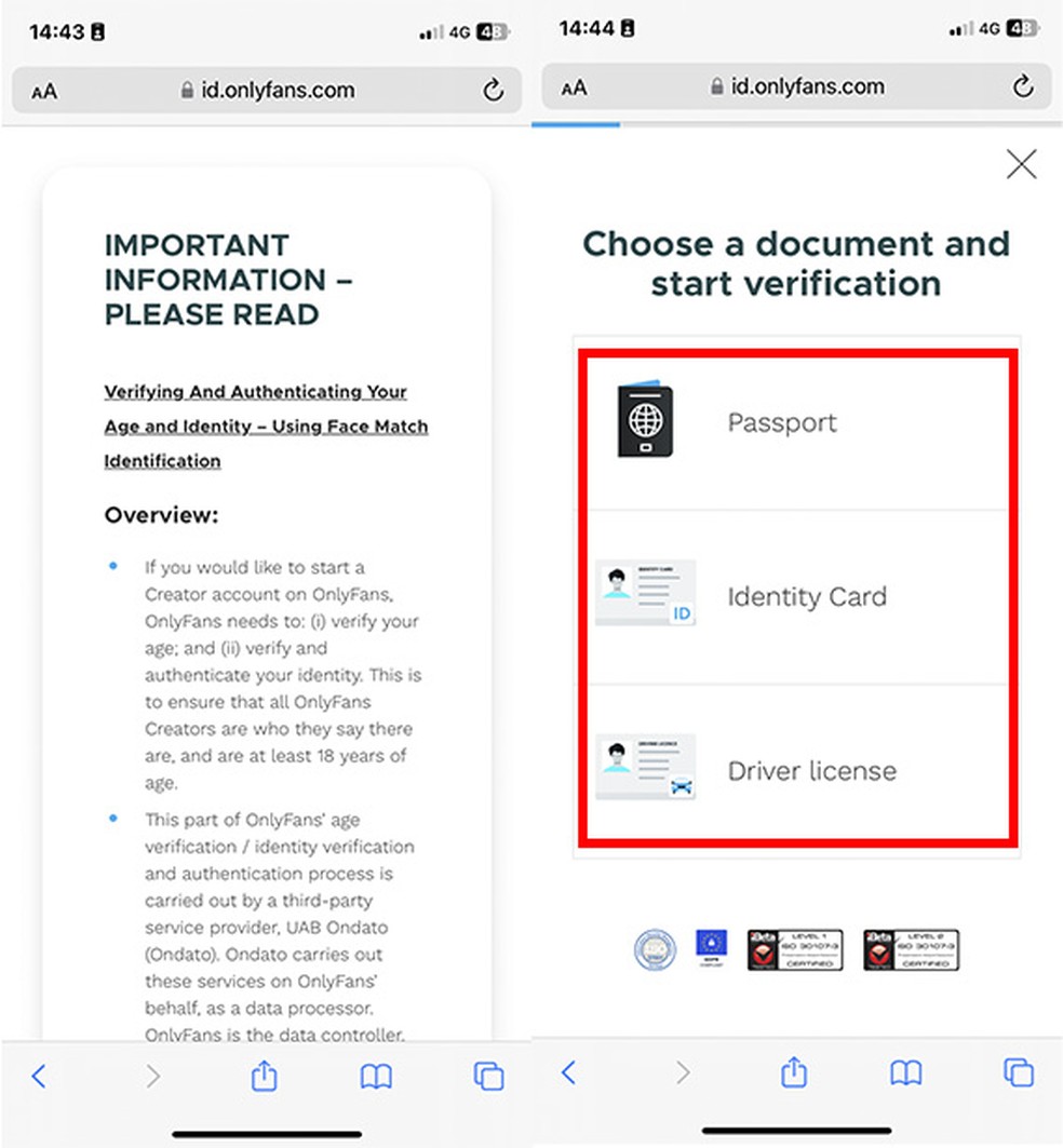 No OnlyFans, você precisa confirmar a sua identidade com algum documento oficial — Foto: Reprodução/TechTudo
