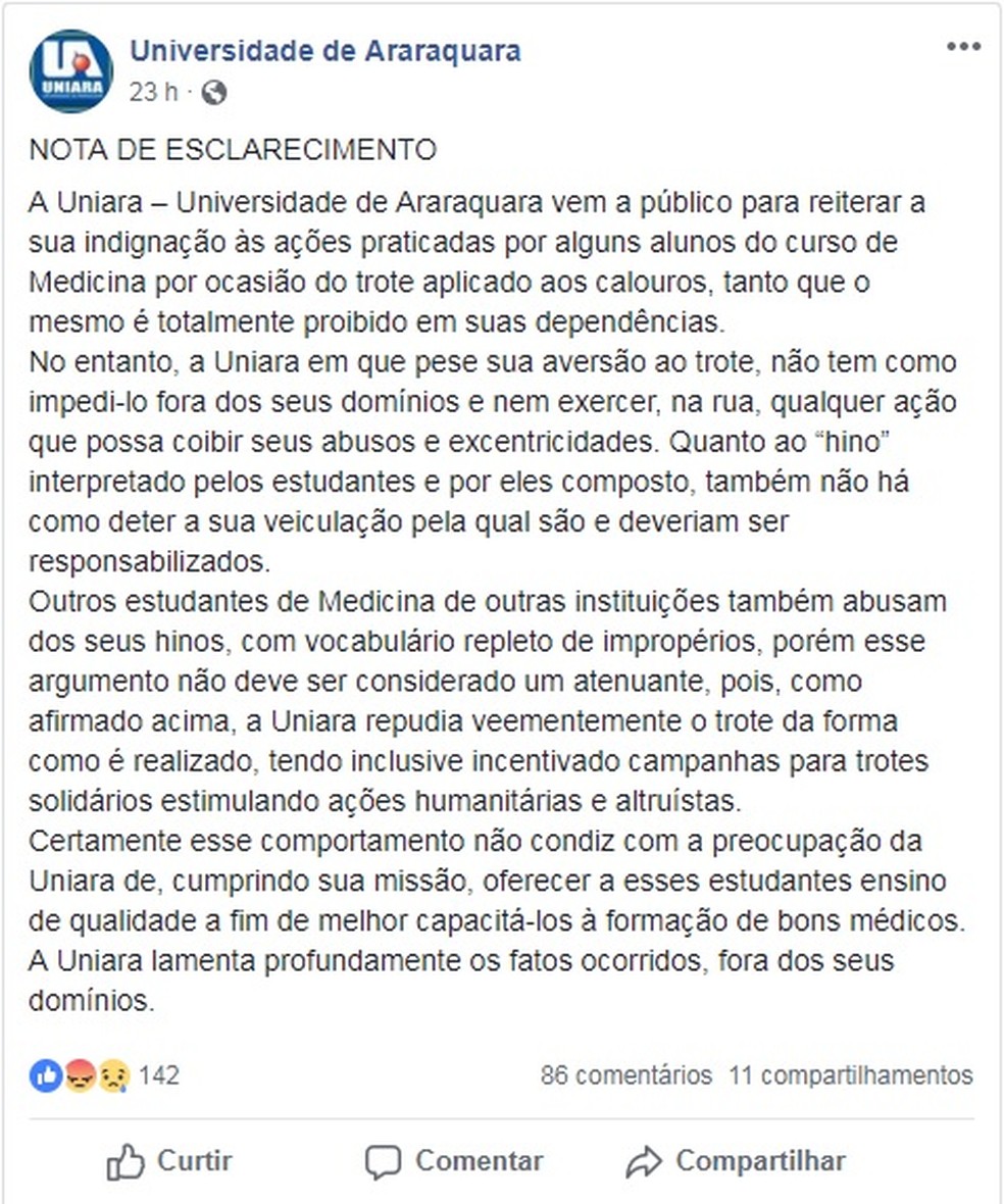 Nota de esclarecimento divulgada pela Universidade de Araraquara (Foto: ReproduÃ§Ã£o/Facebook)