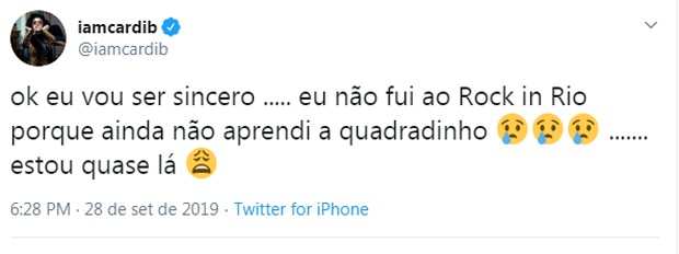 Cardi B conversa em português com fãs (Foto: Reprodução/Twitter)