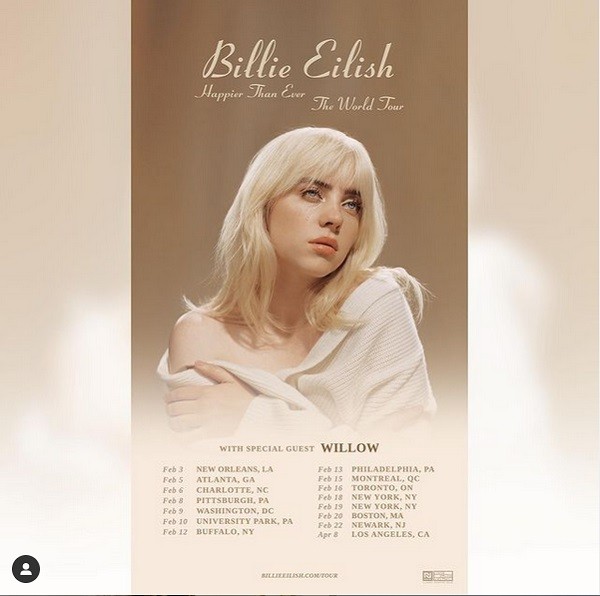 O cartaz da turnê de Billie Eilish com a participação de Willow Smith (Foto: Instagram)