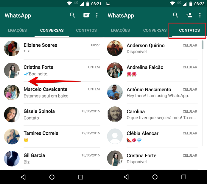 Acessando a lista de contatos do Whatsapp (Foto: Felipe Alencar/TechTudo)