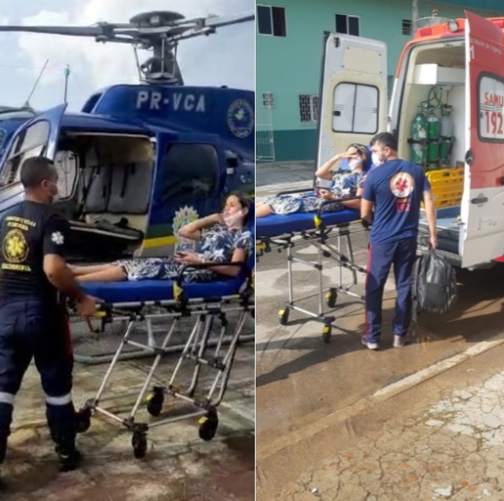 Emergência: grávida de 23 anos é levada de helicóptero para hospital em Cruzeiro do Sul — Foto: Cedida/Divulgação Agência de Notícias do Acre