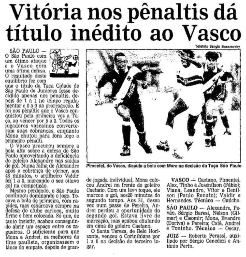 Jornal O Globo de 26 de janeiro de 1992 destacou a conquista do Vasco — Foto: Reprodução