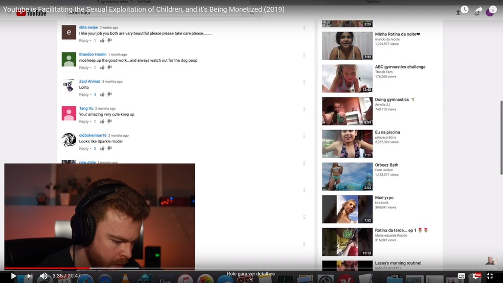 Vídeo em que o youtuber Matt Watson apresenta o problema, com comentários de pedófilos e recomendações de vídeos de crianças. — Foto: Reprodução