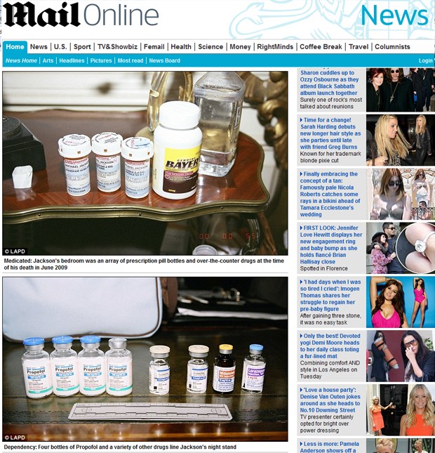 Fotos divulgadas pela polícia de Los Angeles de frascos de comprimidos encontrados no quarto de Michael Jackson após sua morte (Foto: Reprodução/Daily Mail)