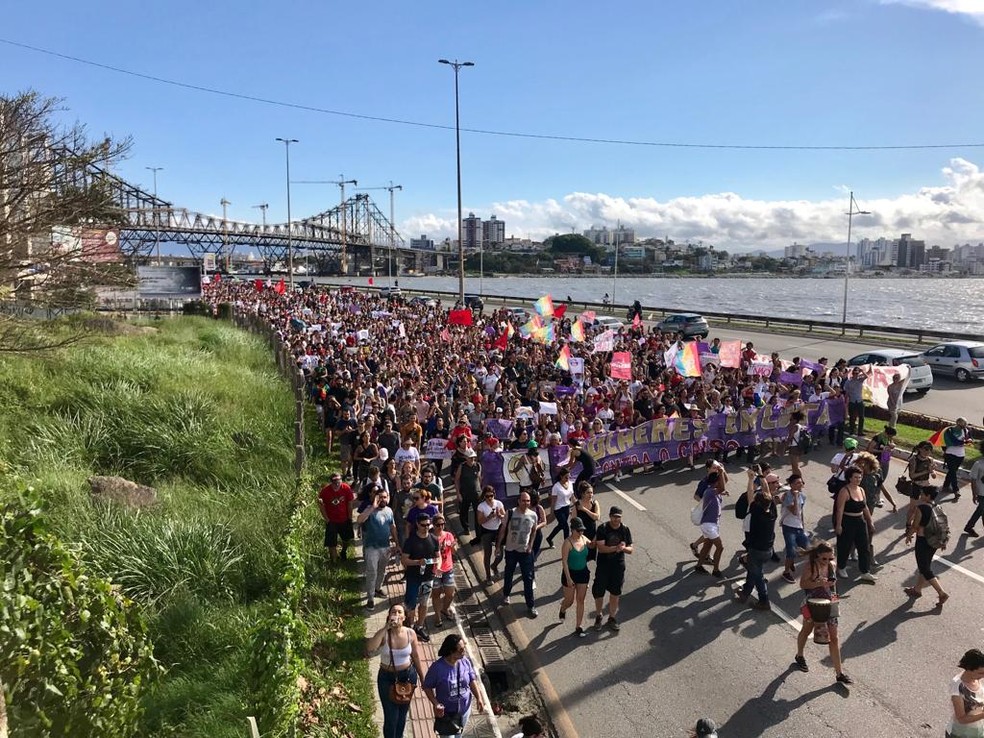 SC - FlorianÃ³polis: Manifestantes protestam contra Bolsonaro neste sÃ¡bado (29) â€” Foto: Kiria Meurer/NSC TV