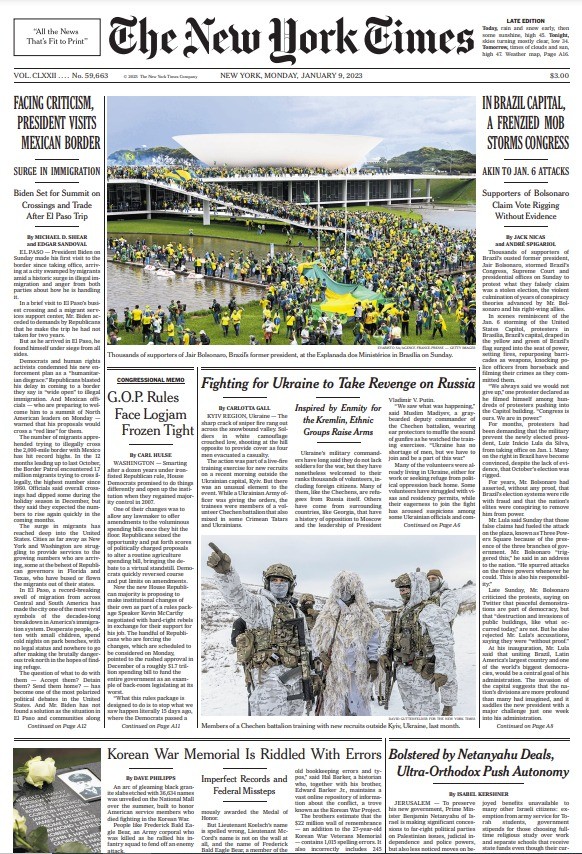 O 'The New York Times' publicou foto da ação terrorista em Brasília na primeira página — Foto: Reprodução