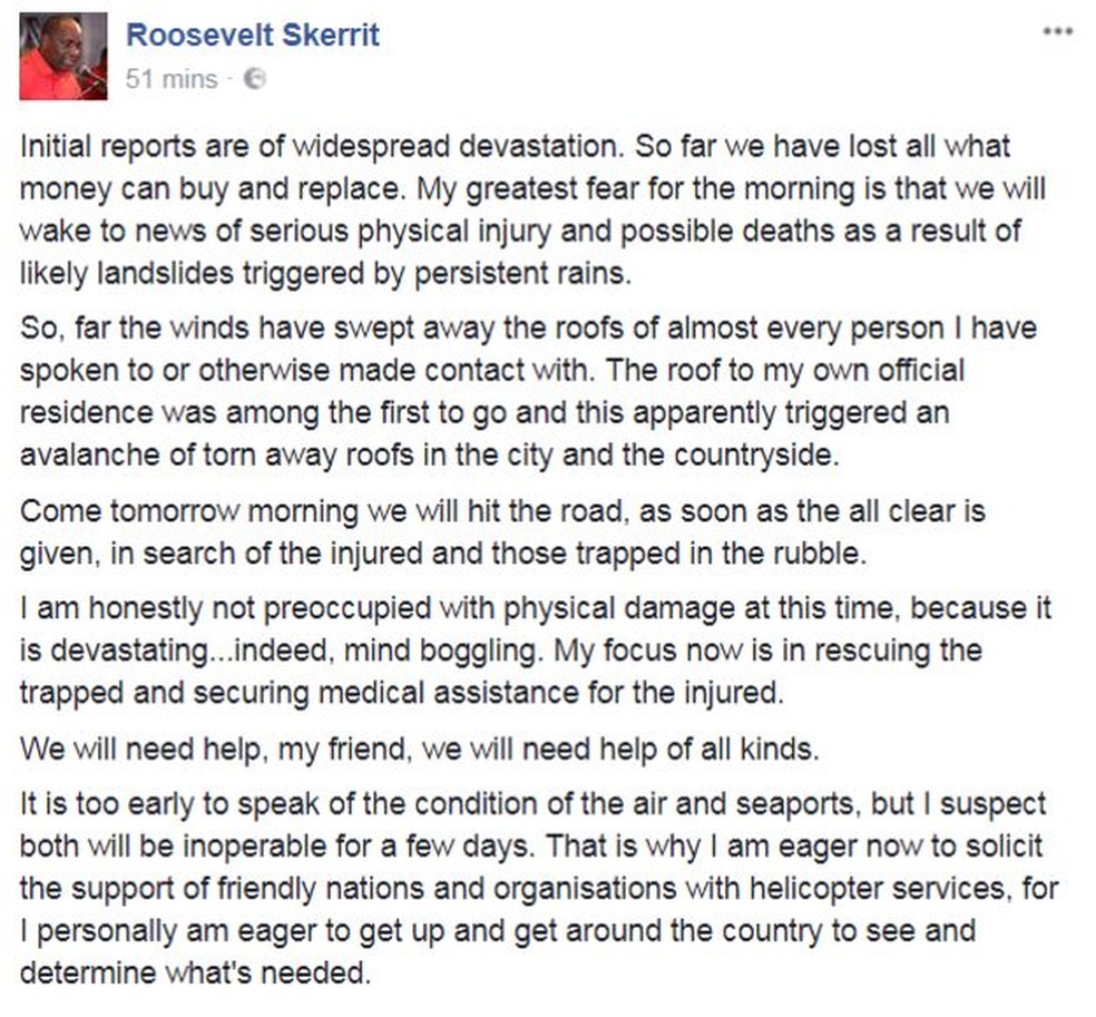 Portagem de Roosevelt Skerrit, premiê de Dominica, sobre os estragos do Furacão Maria (Foto: Reprodução/Facebook)