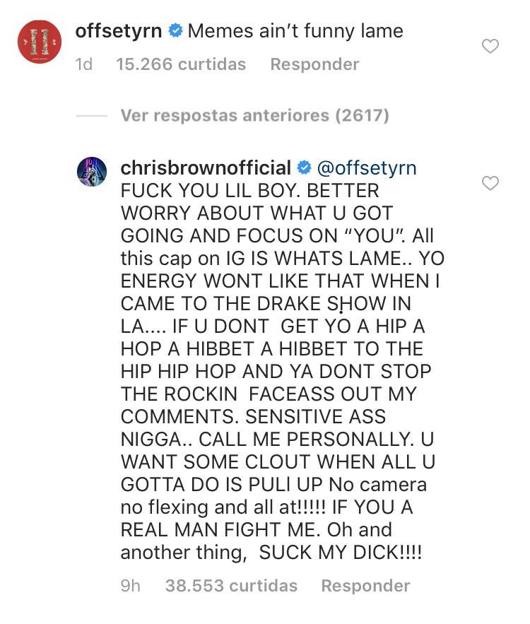 O comentário de Offset no post de Chris Brown e a resposta agressiva do rapper, chamando o colega de profissão para a briga (Foto: Instagram)