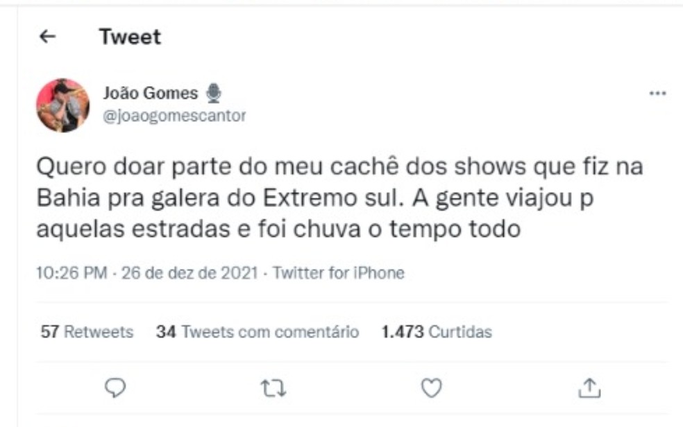 Cantor João Gomes anuncia que vai doar parte de cachê dos shows realizados na BA para cidades atingidas pelas chuvas — Foto: Reprodução/Redes Sociais