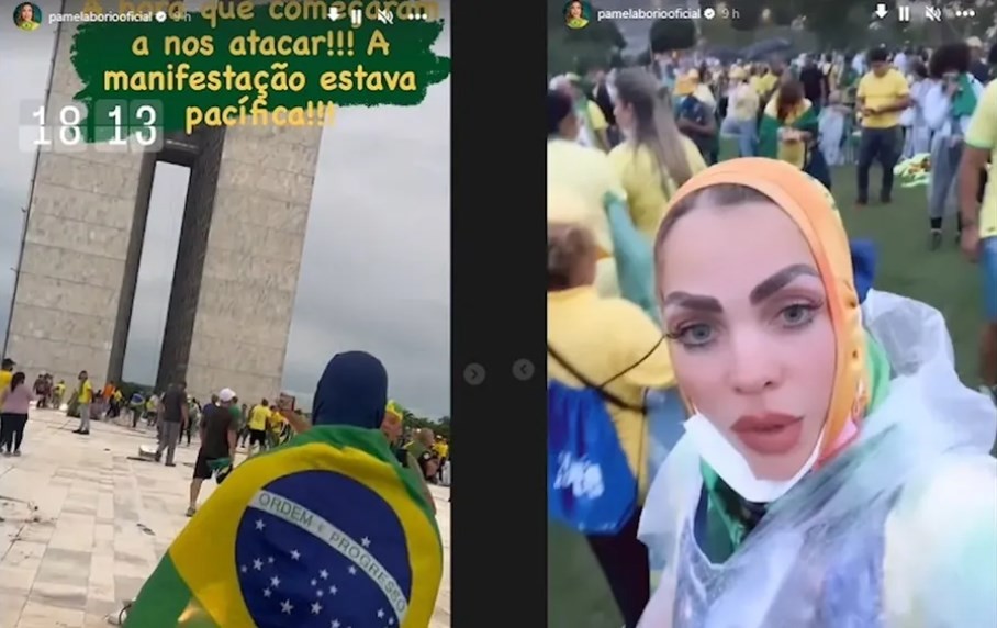 Pâmela Bório, ex-primeira-dama da Paraíba, compartilhou imagens dela, do filho e de outros bolsonaristas invadindo o Congresso