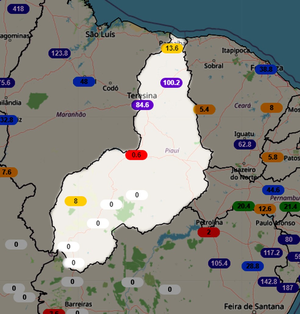 Registros de chuvas nos últimos 90 dias no Piauí — Foto: Inmet