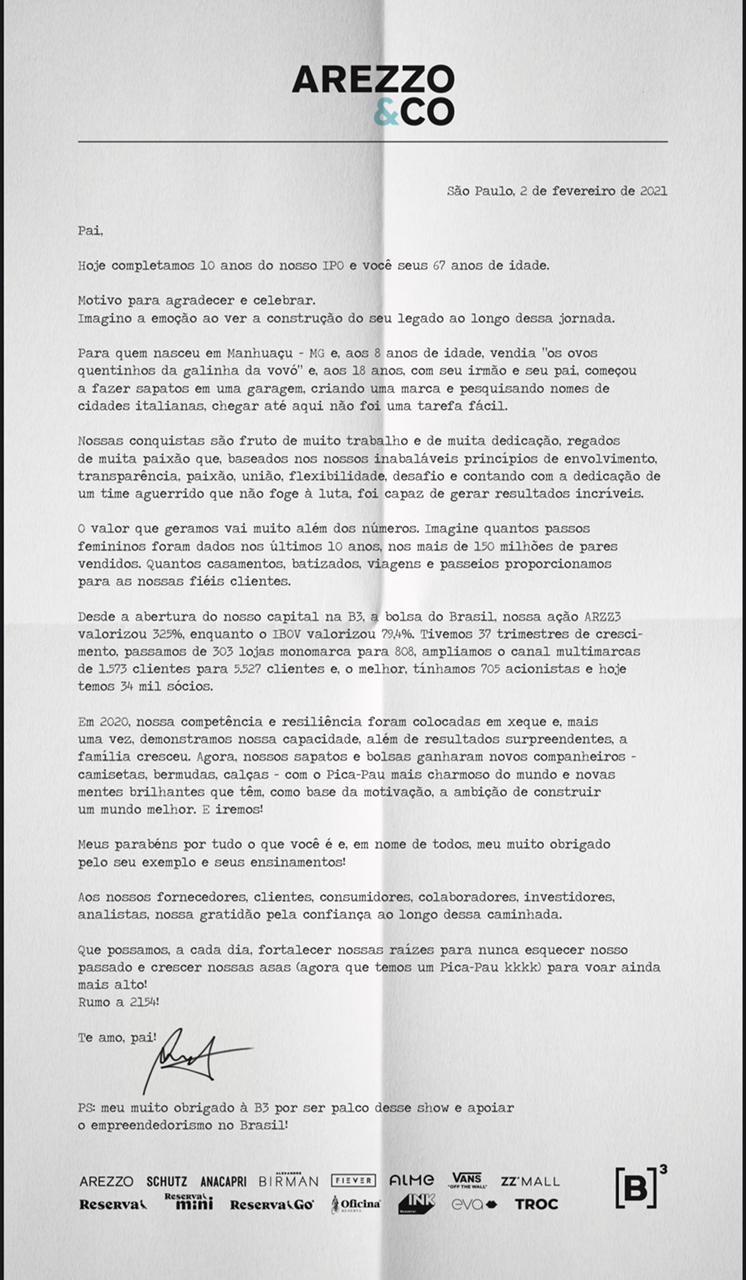 A carta de Alexandre a Anderson Birman (Foto: Reprodução/Instagram)