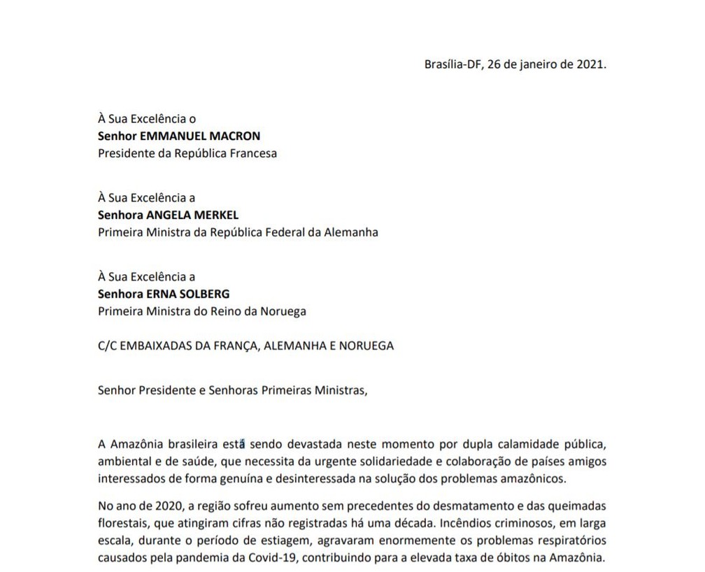 Carta foi enviada por nove ex-ministros do Meio Ambiente nesta terça-feira — Foto: Reprodução