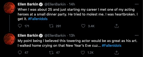 Os tuítes da atriz Ellen Barkin falando sobre a tentativa de abuso que foi vítima quando tinha 25 anos (Foto: Twitter)