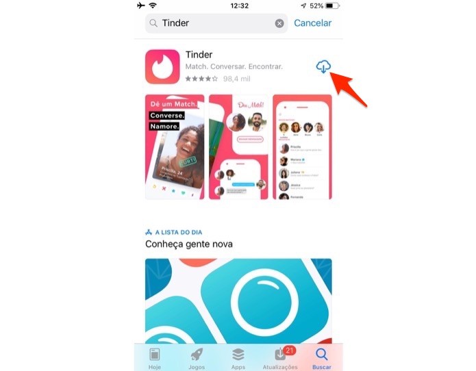Ação para baixar o Tinder pelo loja de aplicativo do iOS (Foto: Reprodução/Marvin Costa) Ação para baixar o Tinder pelo loja de aplicativo do iOS (Foto: Reprodução/Marvin Costa)