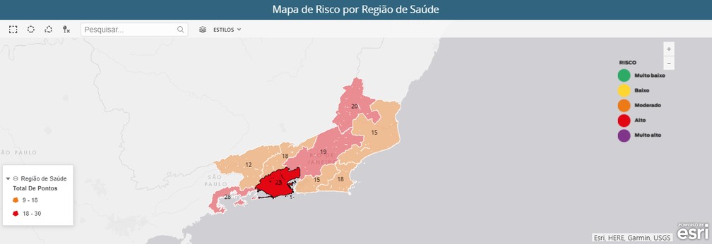 Mapa de Risco por Região de Saúde, segundo a Secretaria Estadual de Saúde do Rio de Janeiro — Foto: Reprodução