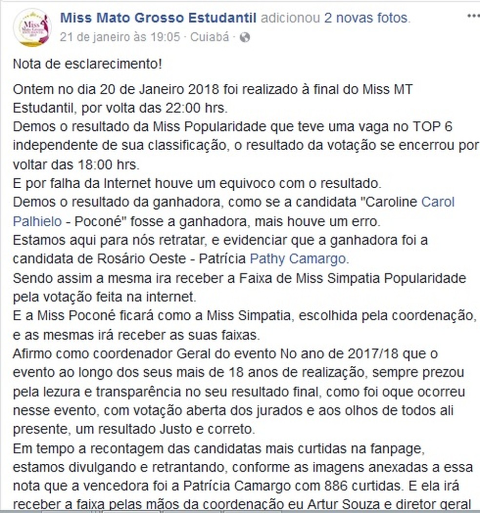 Nota de esclarecimento foi postada na página do concurso (Foto: Facebook/ Reprodução)